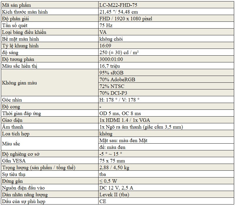 Màn hình máy tính PC-POWER 22 inch LC-M22-FHD-75 Màn hình máy tính PC-POWER 22 inch LC-M22-FHD-75