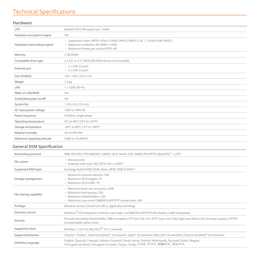 Thiết bị lưu trữ mạng NAS Synology DS218 Thiết bị lưu trữ mạng NAS Synology DS218