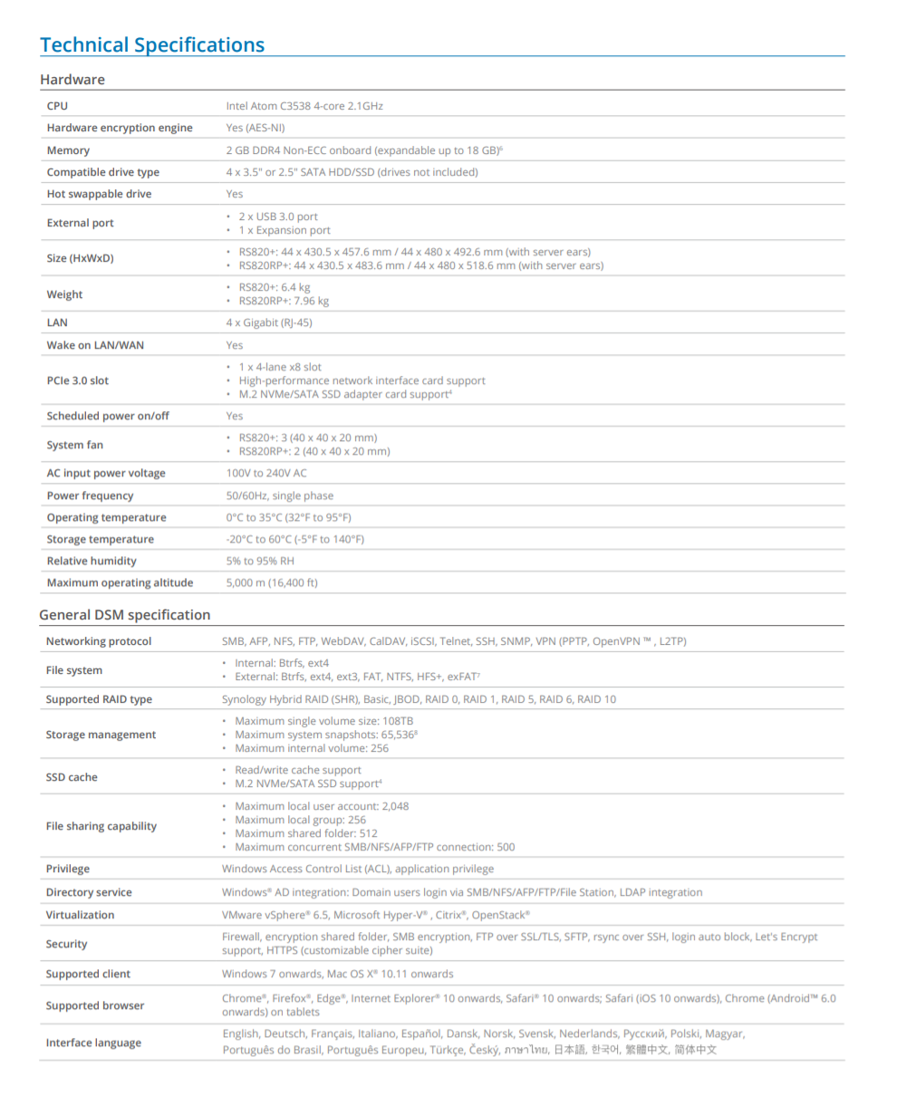 Thiết bị lưu trữ mạng Synology NAS RS820+ Thiết bị lưu trữ mạng Synology NAS RS820+