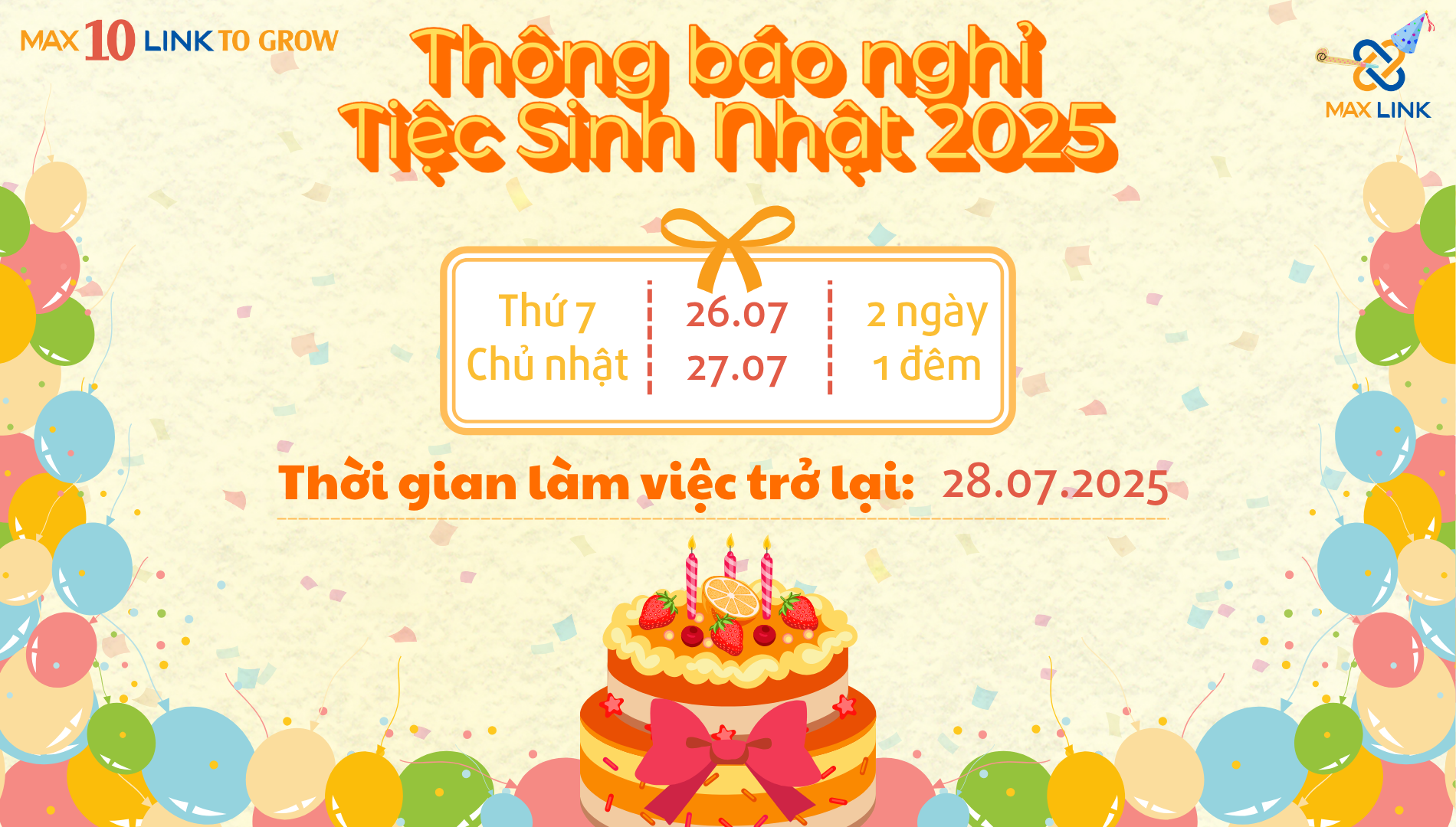 Thông Báo Lịch Nghỉ Tiệc Sinh Nhật MaxLink 2025 Thông Báo Lịch Nghỉ Tiệc Sinh Nhật MaxLink 2025