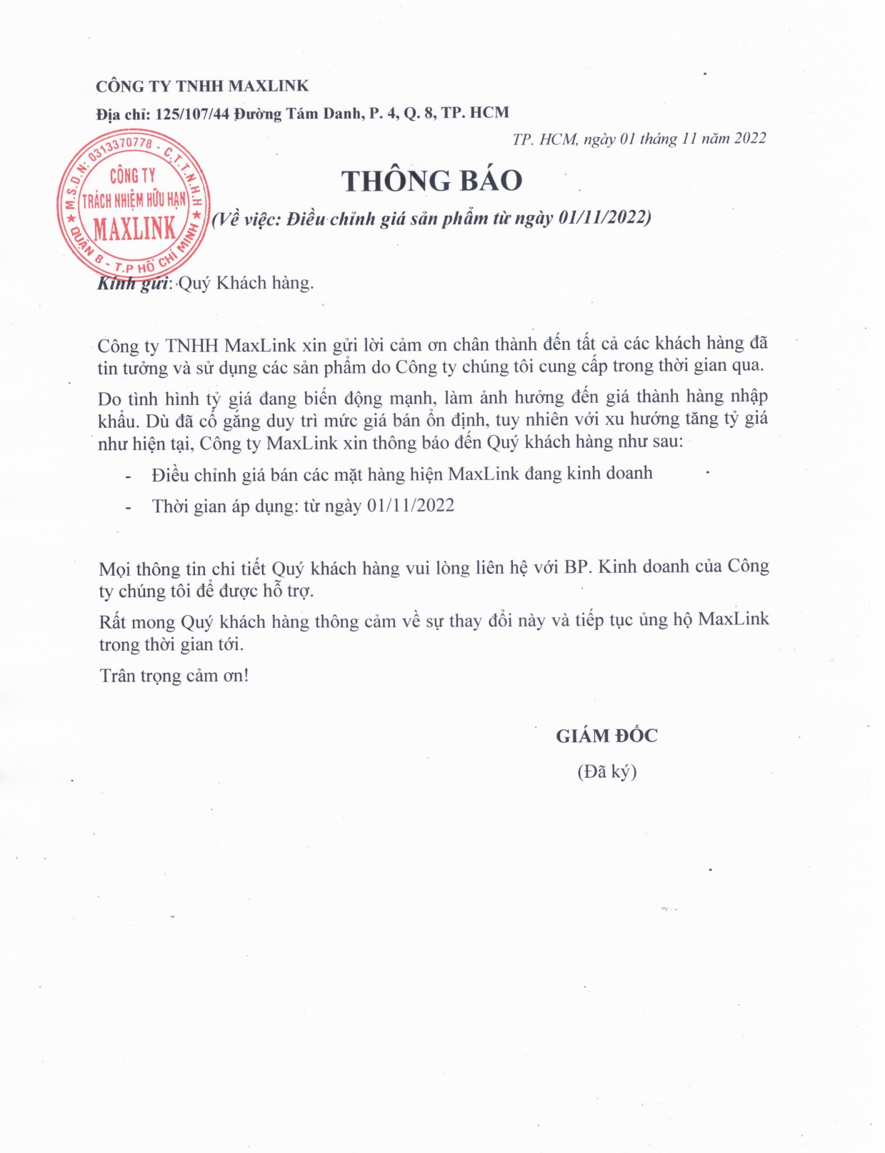 Thông báo về việc điều chỉnh giá sản phẩm từ ngày 01112022 Thông báo về việc điều chỉnh giá sản phẩm từ ngày 01112022