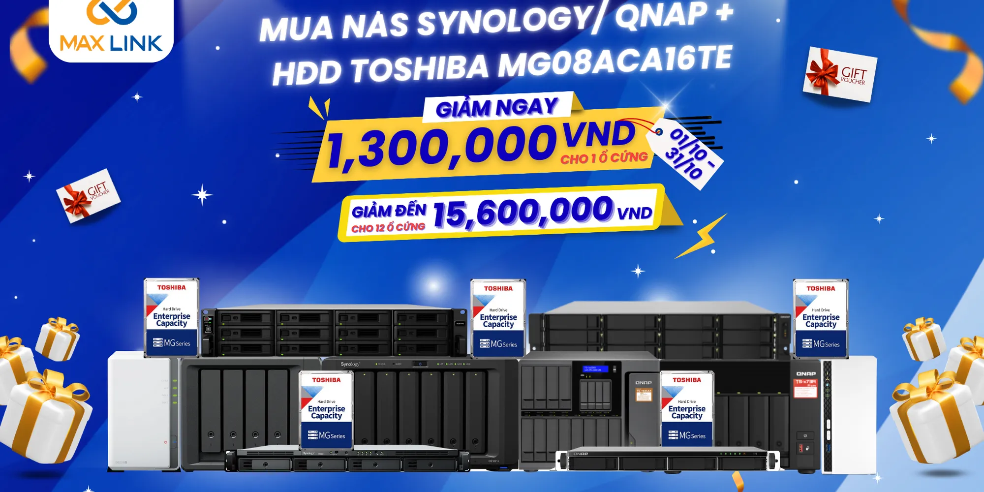 Chương Trình Mua Combo NAS Synology Qnap + HDD Toshiba 16TB MG08ACA16TE Nhận Ngay Voucher Giảm Giá Trị Giá 1,300,000 VND/ 1 ổ cứng Toshiba