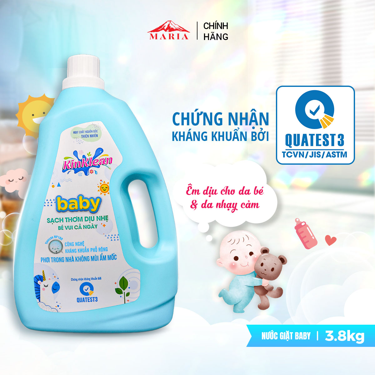 Nước giặt Baby KinKlean kháng khuẩn sạch thơm dịu nhẹ, an toàn da bé