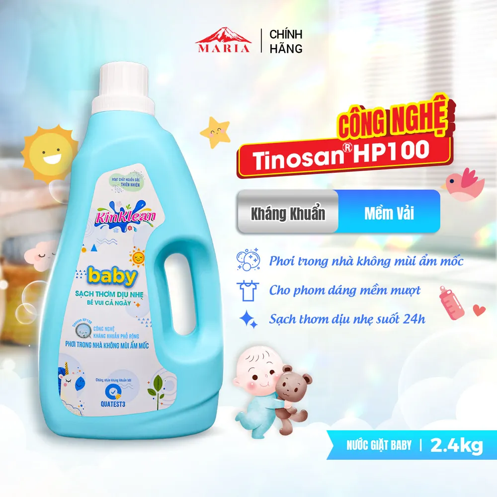Nước giặt Baby KinKlean kháng khuẩn, sạch thơm dịu nhẹ, an toàn cho da bé (2,4KG)