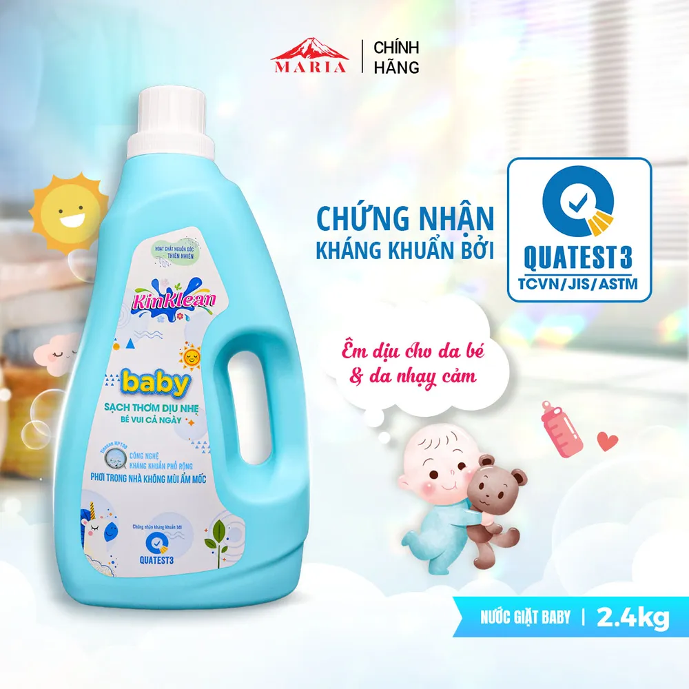 Nước giặt Baby KinKlean kháng khuẩn, sạch thơm dịu nhẹ, an toàn cho da bé (2,4KG)