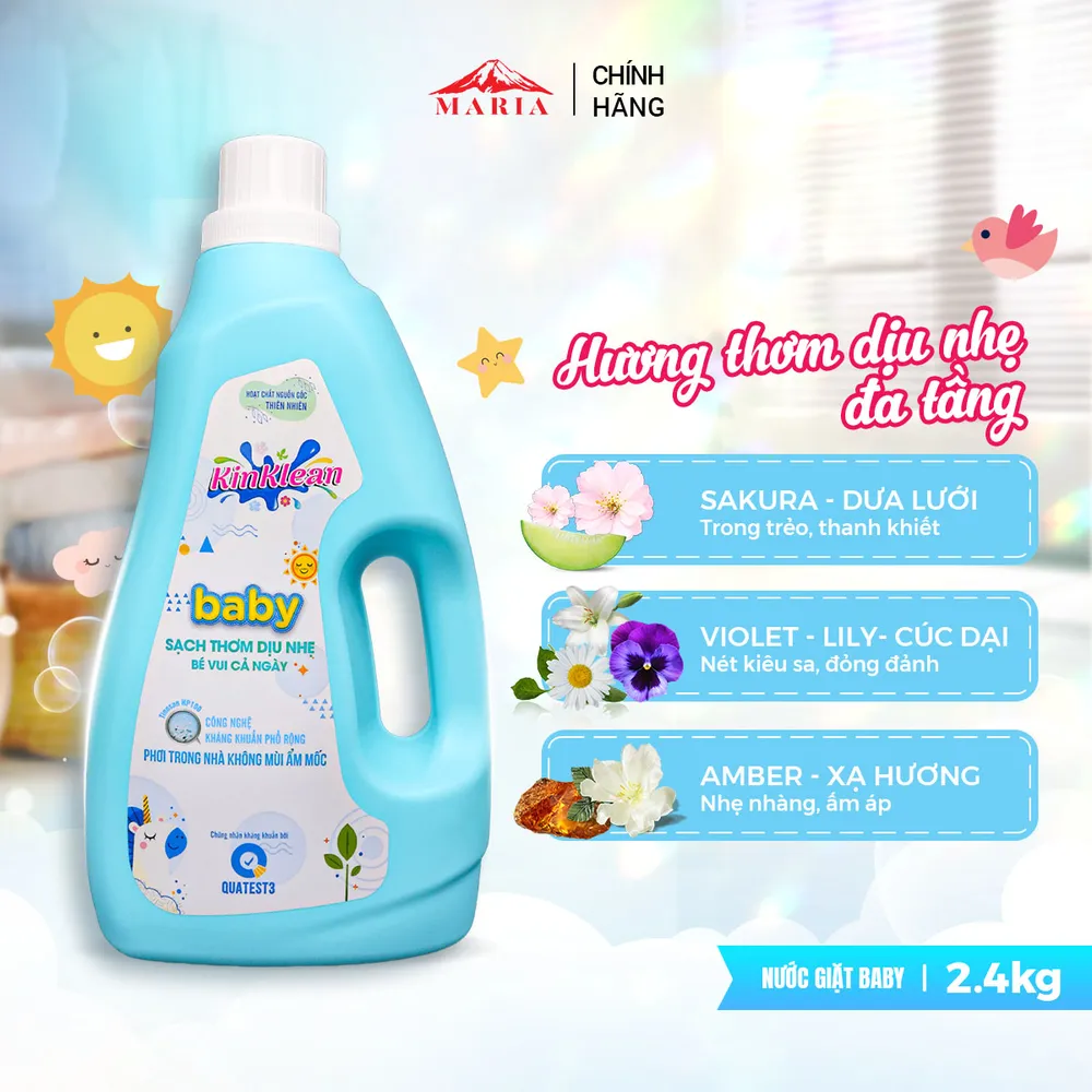 Nước giặt Baby KinKlean kháng khuẩn, sạch thơm dịu nhẹ, an toàn cho da bé (2,4KG)