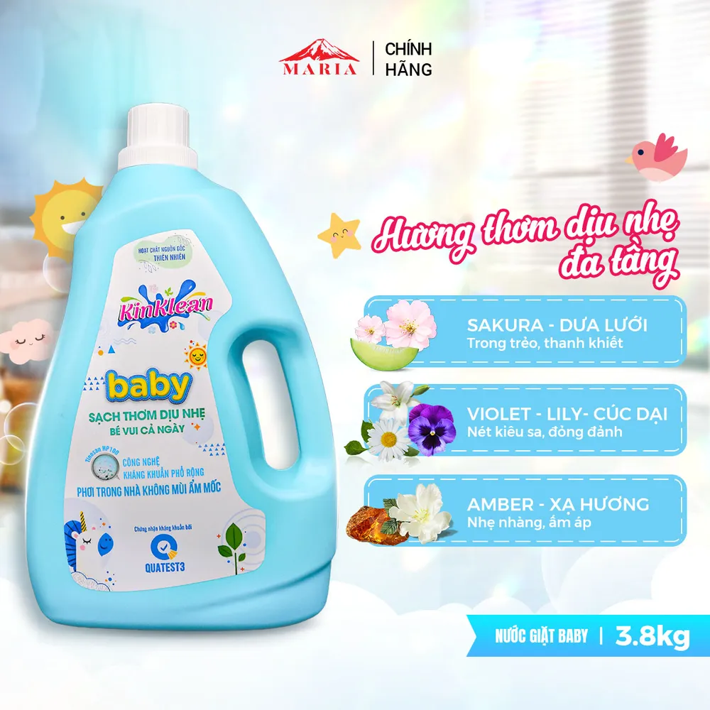 Nước giặt Baby KinKlean kháng khuẩn, sạch thơm dịu nhẹ,  an toàn cho da bé (3,8KG)