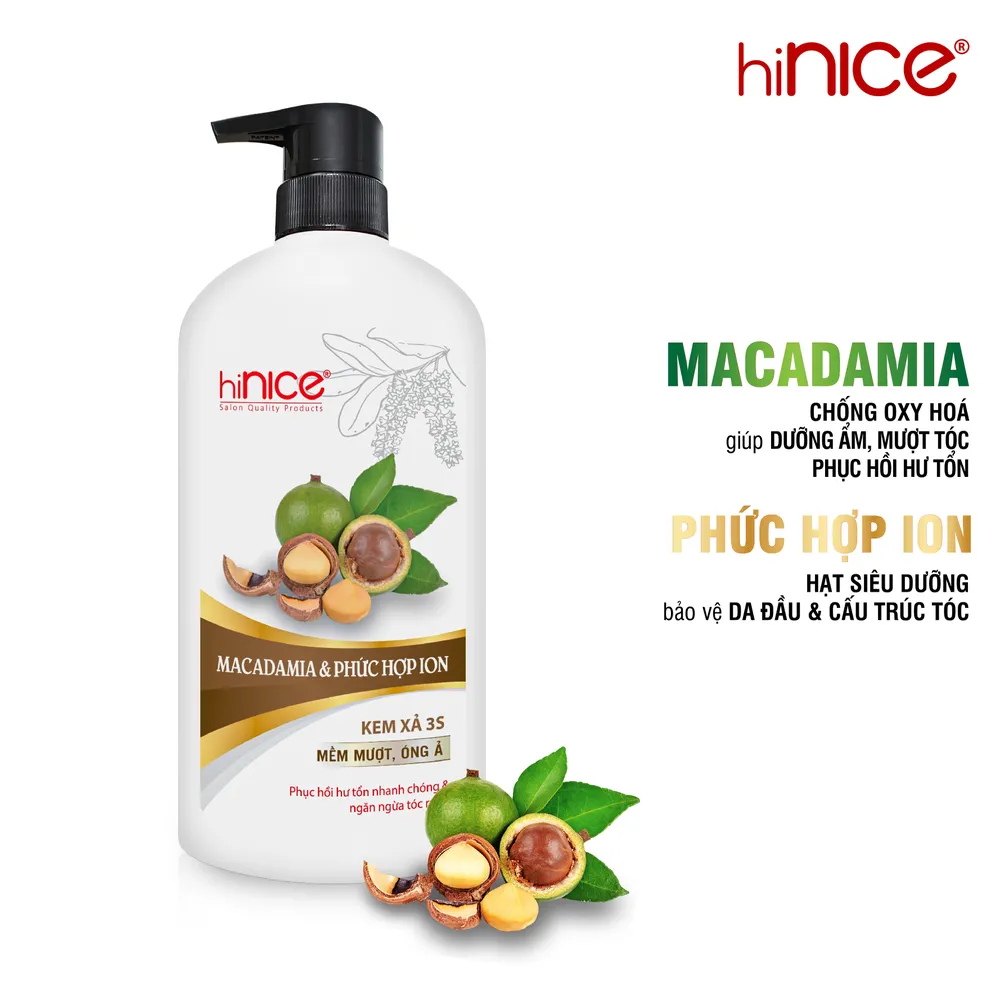 Kem xả 3s hiNICE Macadamia & Phức Hợp Ion mềm mượt, óng ả dành cho tóc nhuộm 620g