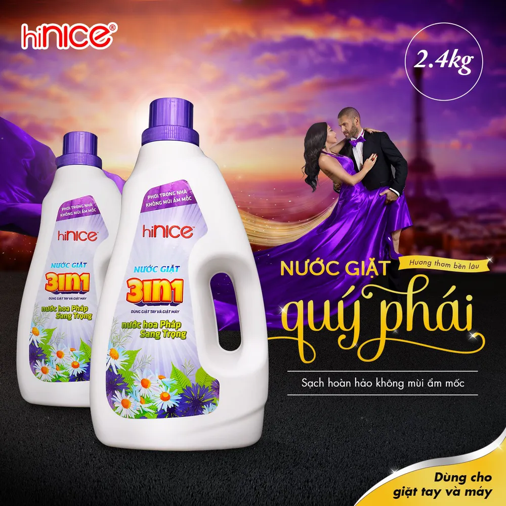 Nước giặt xả 3in1 hiNICE hương nước hoa Pháp quý phái 2,4kg