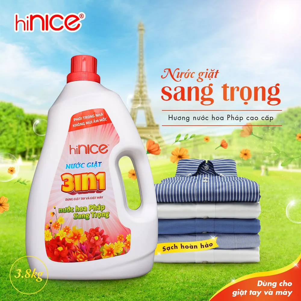 Nước giặt xả 3in1 hiNICE hương nước hoa Pháp sang trọng 3,8kg