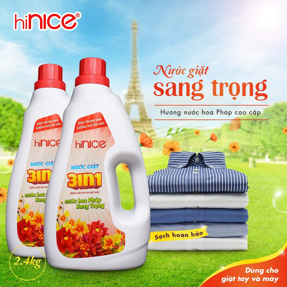 Nước giặt xả 3in1 hiNICE hương nước hoa Pháp sang trọng 2,4kg