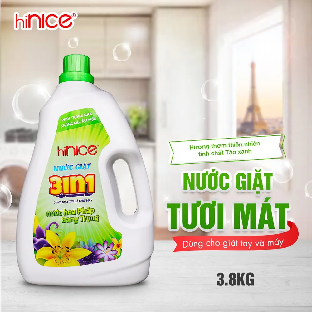 Nước giặt xả 3in1 hiNICE hương táo xanh thơm mát 3,8kg