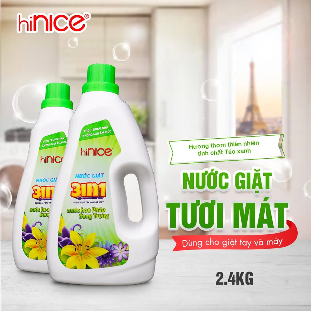 Nước giặt xả 3in1 hiNICE hương táo xanh thơm mát 2,4kg