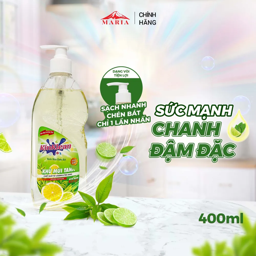 Nước Rửa Chén KinKlean hương Chanh Matcha - Công Nghệ pH Balance Plus (400ml)