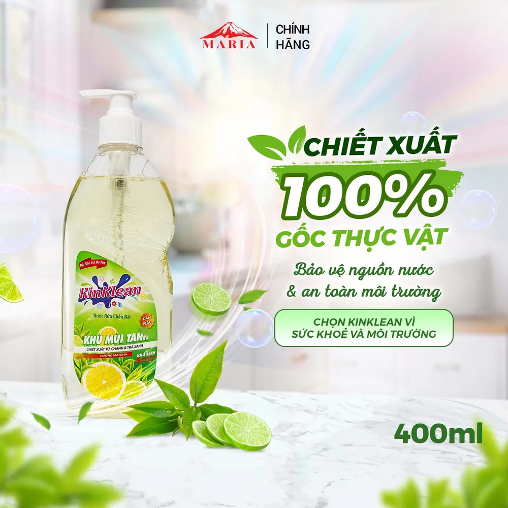Nước Rửa Chén KinKlean hương Chanh Matcha - Công Nghệ pH Balance Plus (400ml)