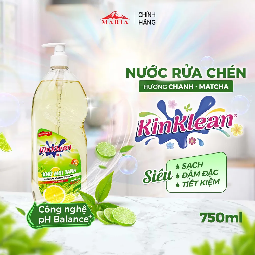 Nước Rửa Chén KinKlean hương Chanh Matcha - Công Nghệ pH Balance Plus (800ml)