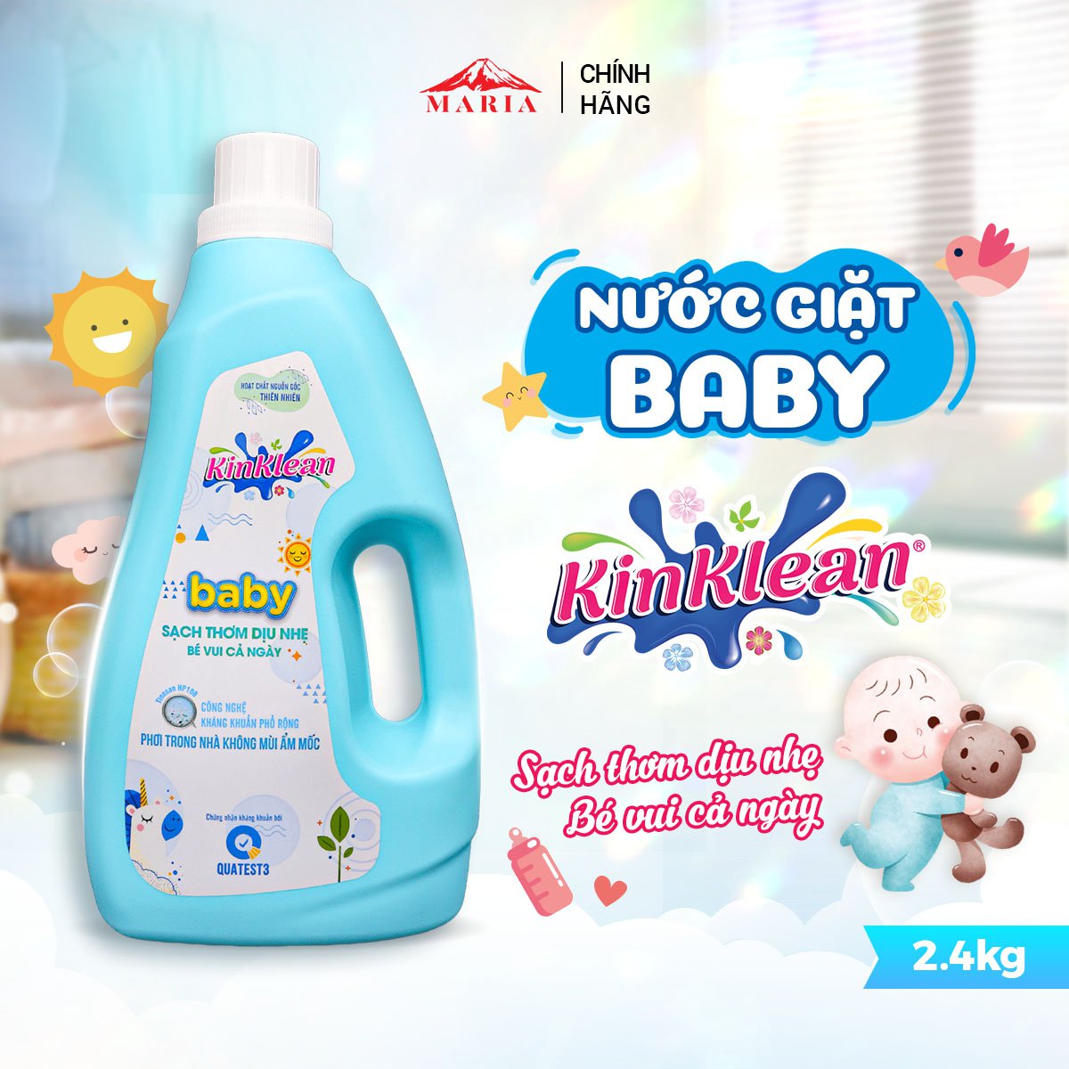 Nước giặt Baby KinKlean kháng khuẩn, sạch thơm dịu nhẹ, an toàn cho da bé 2,4KG