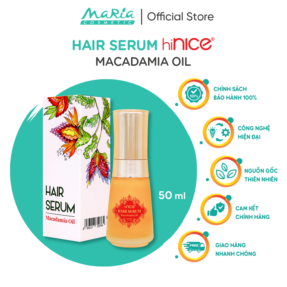 Tinh dầu hiNICE Macadamia Oil dưỡng tóc chắc khỏe vào nếp 50ml