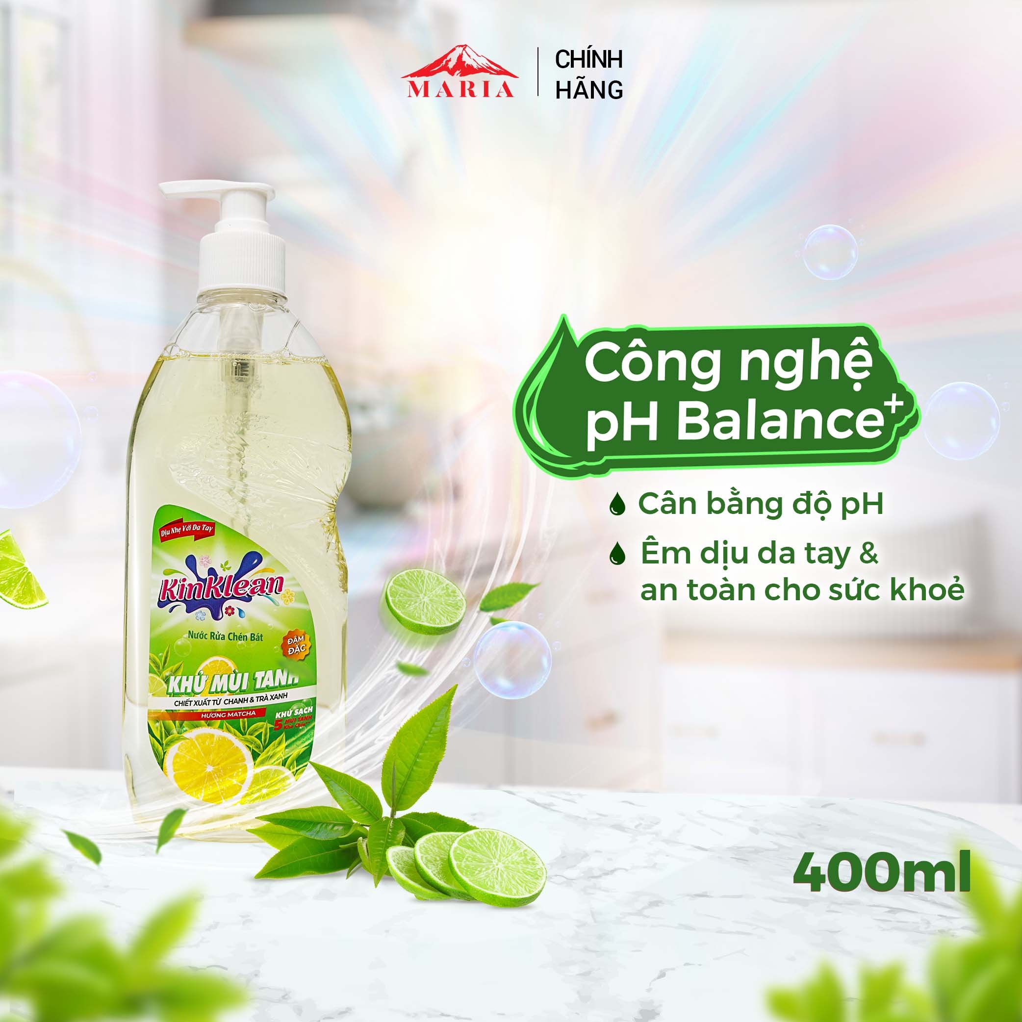 Nước Rửa Chén siêu sạch KinKlean hương Chanh Matcha - Công Nghệ pH Balance Plus (400ml)
