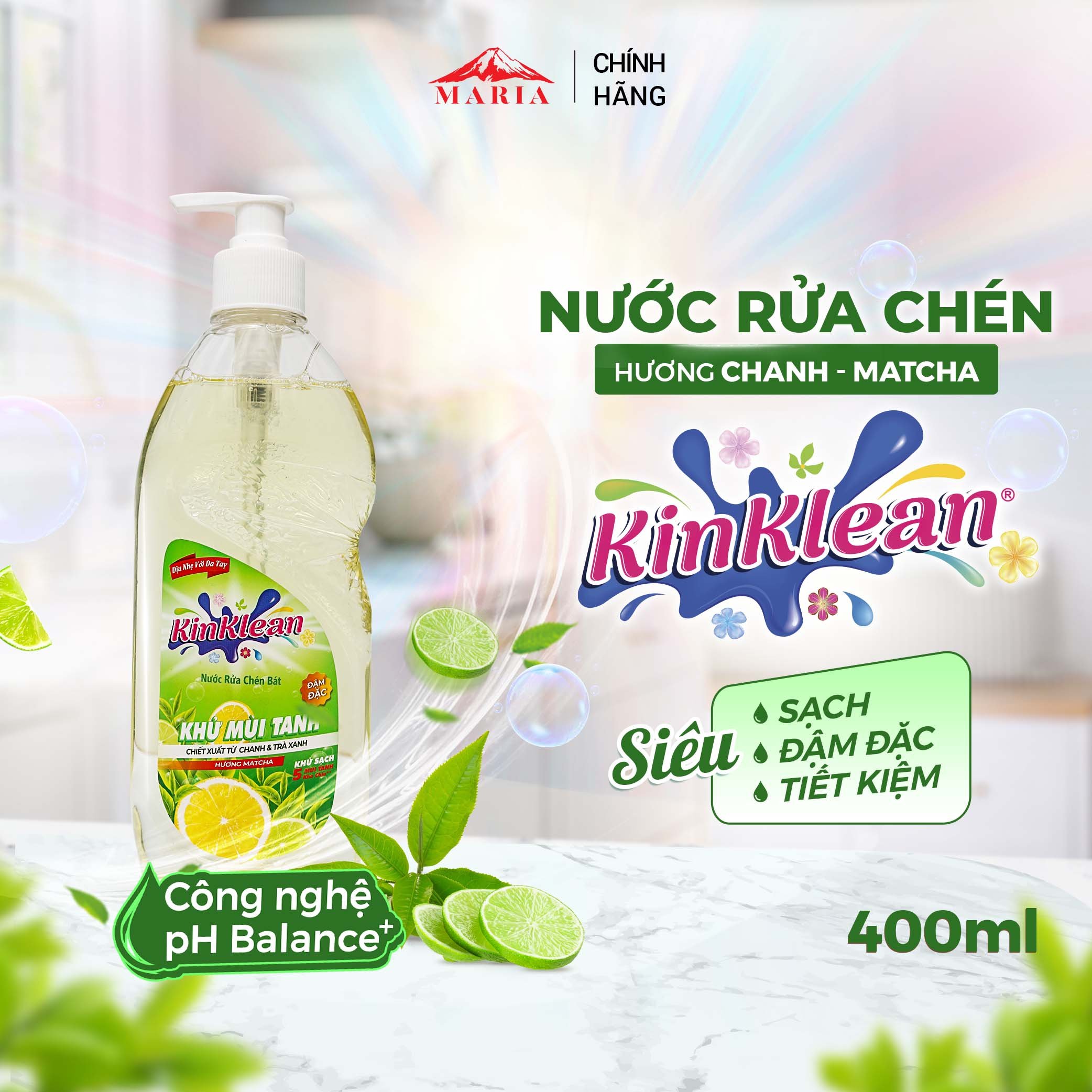 Nước Rửa Chén siêu sạch KinKlean hương Chanh Matcha - Công Nghệ pH Balance Plus (400ml)