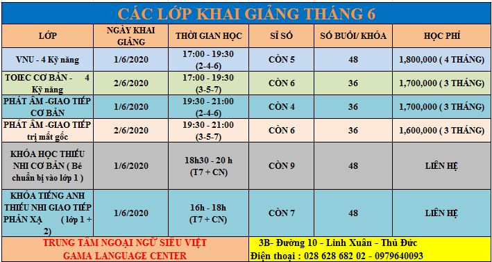 Lịch Khai Giảng Các Lớp Tiếng Anh Tháng 6