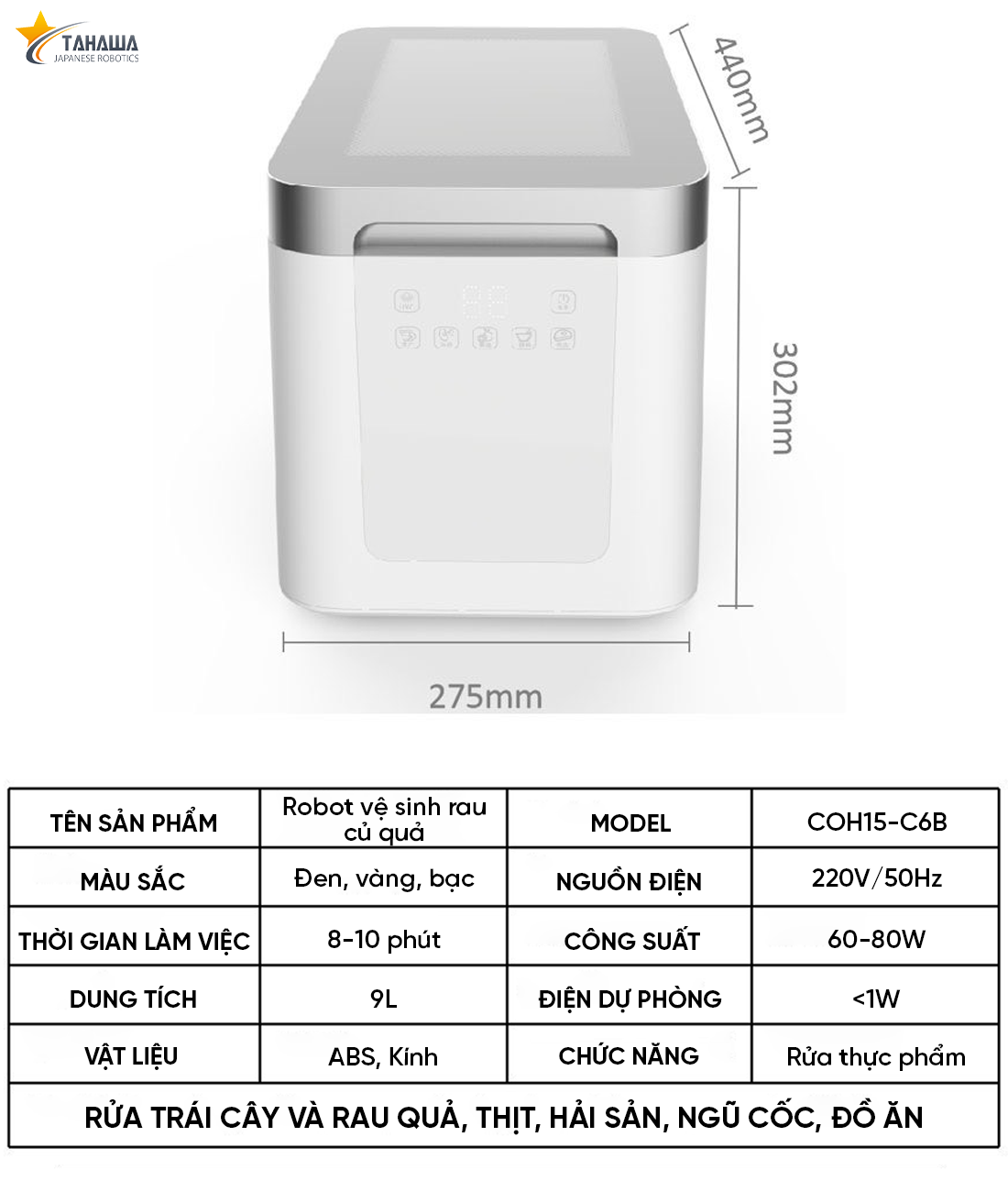 Máy khử khuẩn thực phẩm, rửa thực phẩm đa năng Tahawa COH15-C6B