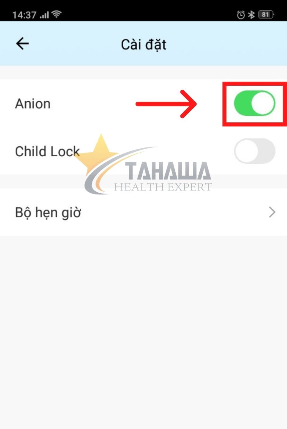 Bật/tắt ion âm kháng khuẩn trên App điều khiển máy lọc không khí Tahawa Nhật Bản TH-AP21 Bật/tắt ion âm kháng khuẩn trên App điều khiển máy lọc không khí Tahawa Nhật Bản TH-AP21