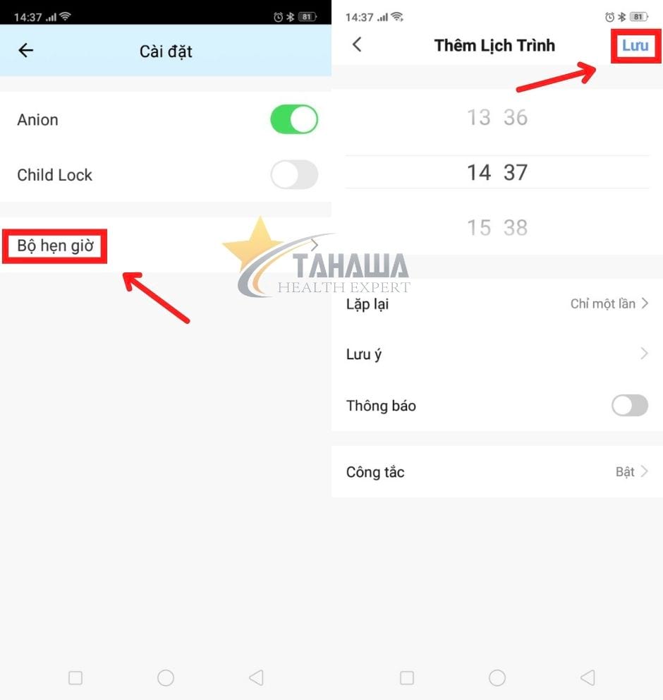 Hẹn giờ bật//tắt máy trên App điều khiển máy lọc không khí Tahawa Nhật Bản TH-AP21 Hẹn giờ bật//tắt máy trên App điều khiển máy lọc không khí Tahawa Nhật Bản TH-AP21