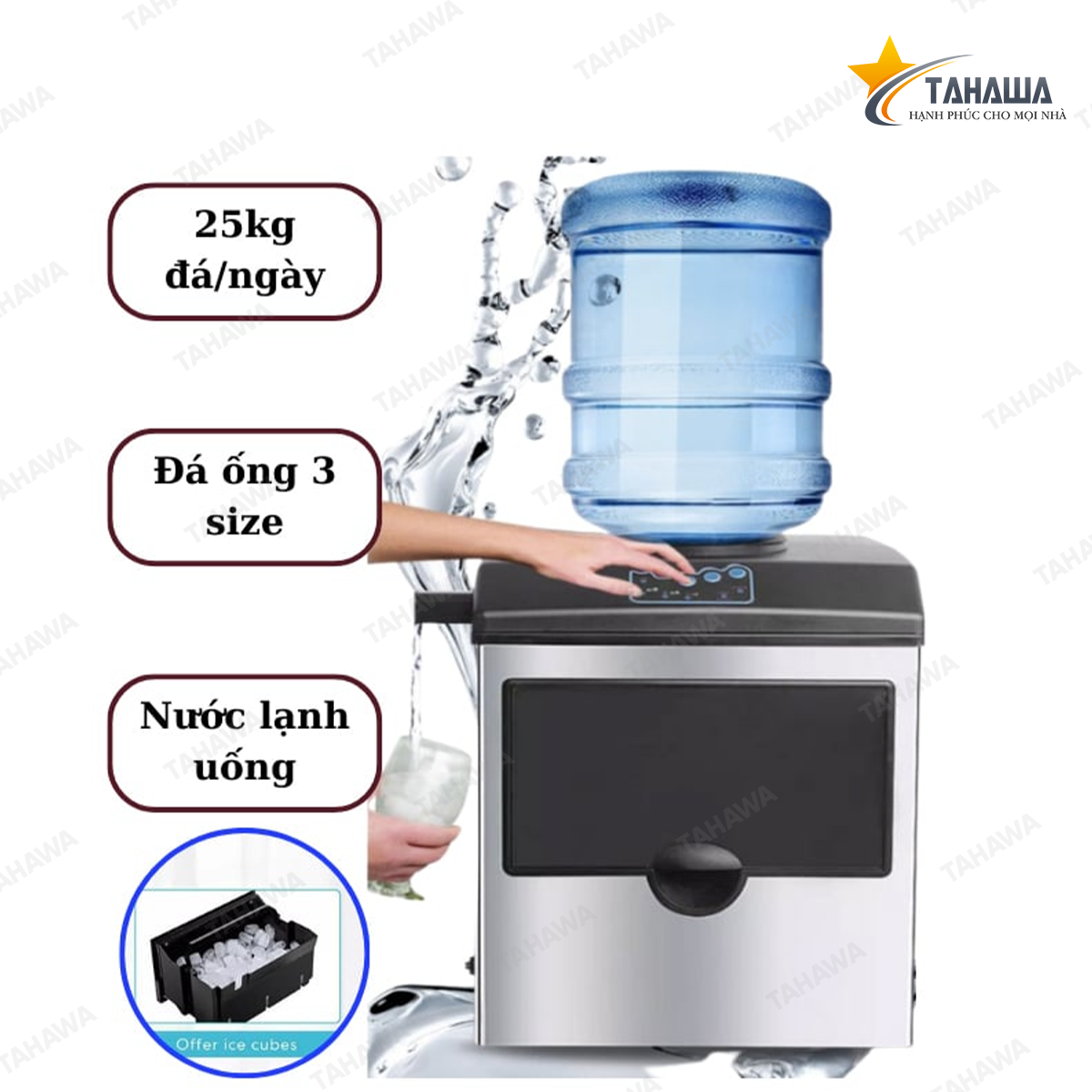 Máy làm đá viên mini Tahawa TH-GMI-25KG (25 kg/ngày, kiêm cây nước lạnh) Máy làm đá viên mini Tahawa TH-GMI-25KG (25 kg/ngày, kiêm cây nước lạnh)