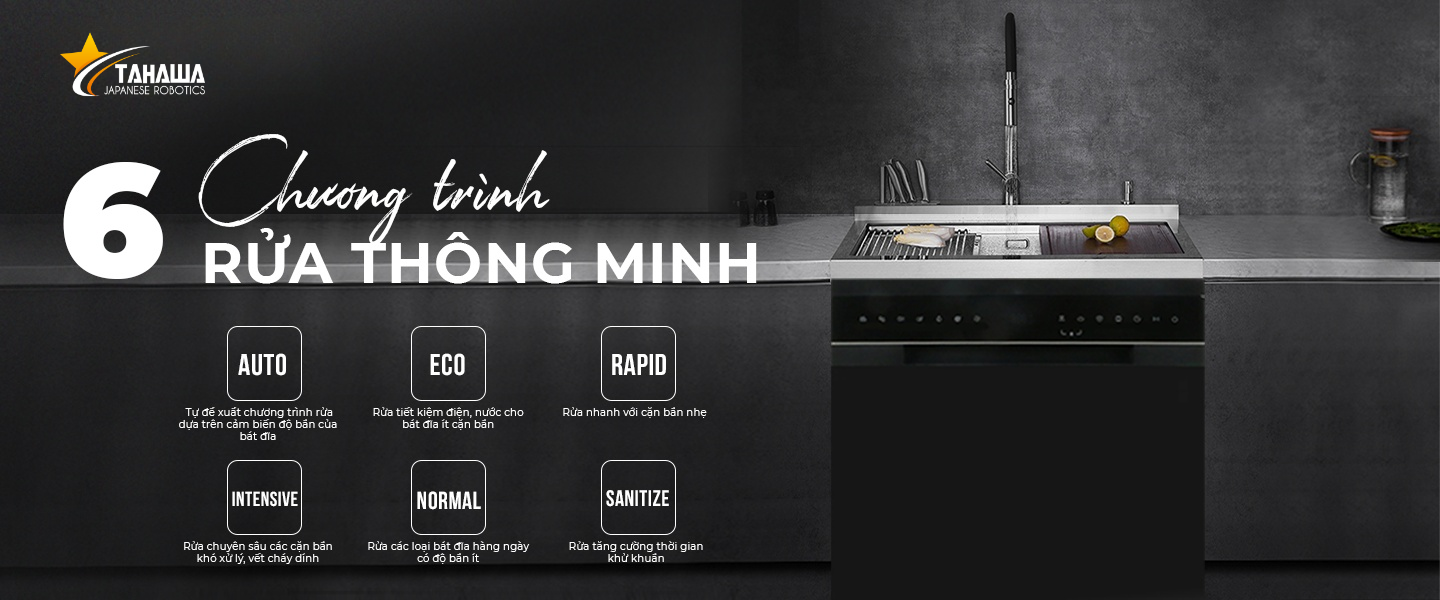 6 trương trình rửa thông minh trên máy rửa bát TAHAWA NK13D02M - Diệt khuẩn UV Led 6 trương trình rửa thông minh trên máy rửa bát TAHAWA NK13D02M - Diệt khuẩn UV Led