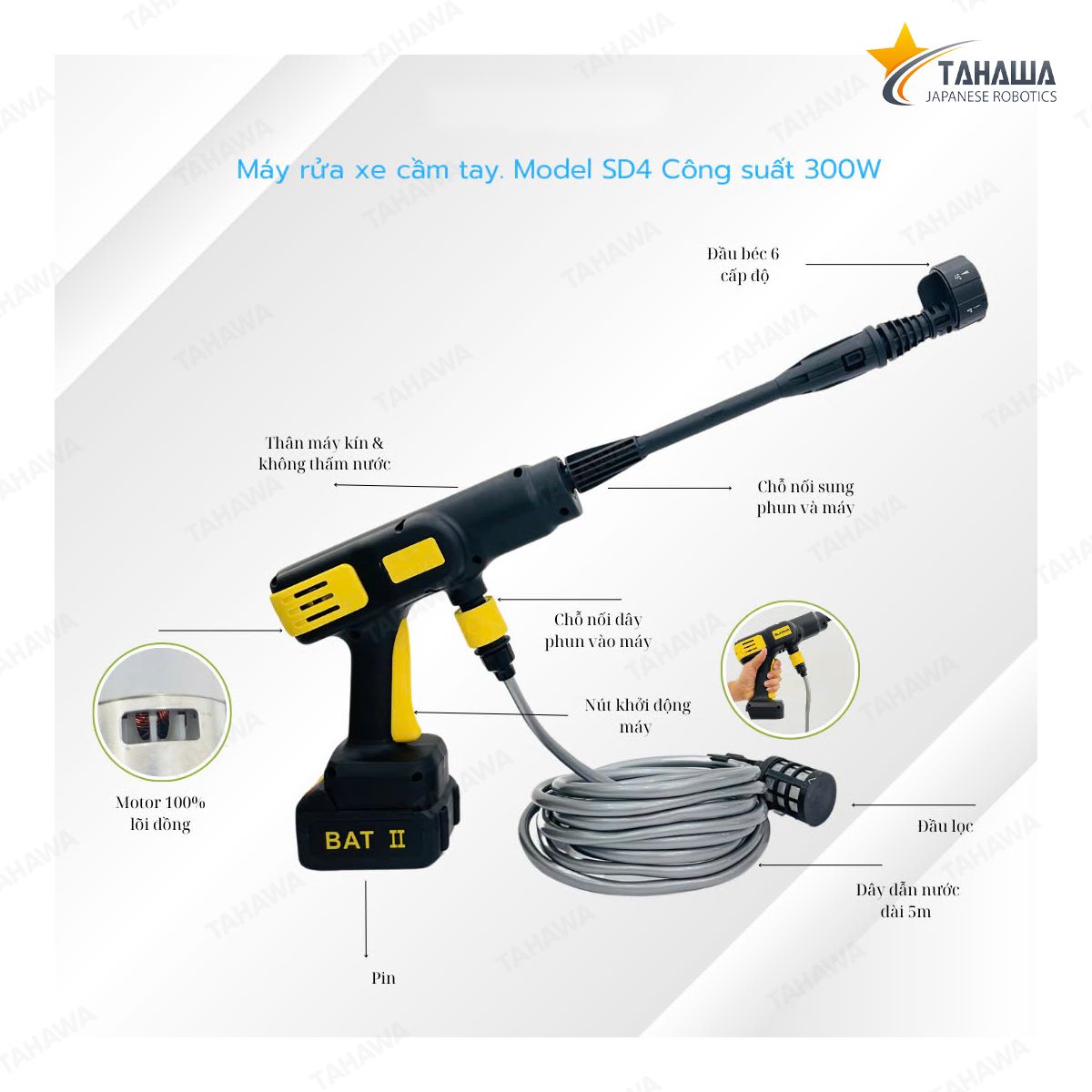 Máy rửa xe dùng pin Tahawa SD4, công suất 300W Máy rửa xe dùng pin Tahawa SD4, công suất 300W