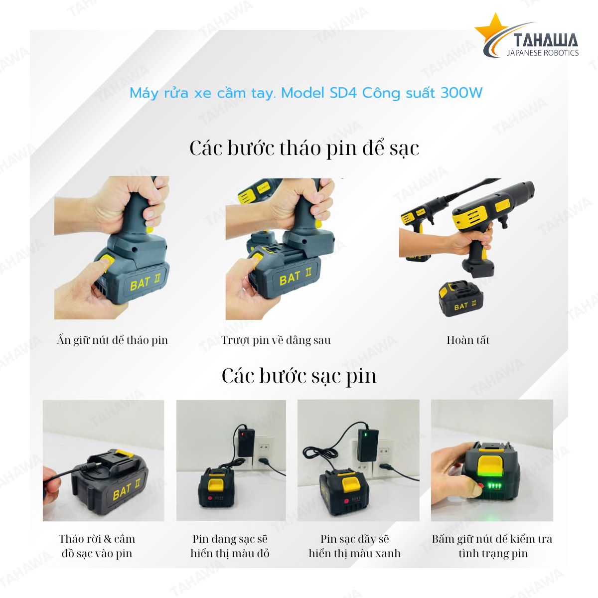 Máy rửa xe dùng pin Tahawa SD4, công suất 300W Máy rửa xe dùng pin Tahawa SD4, công suất 300W