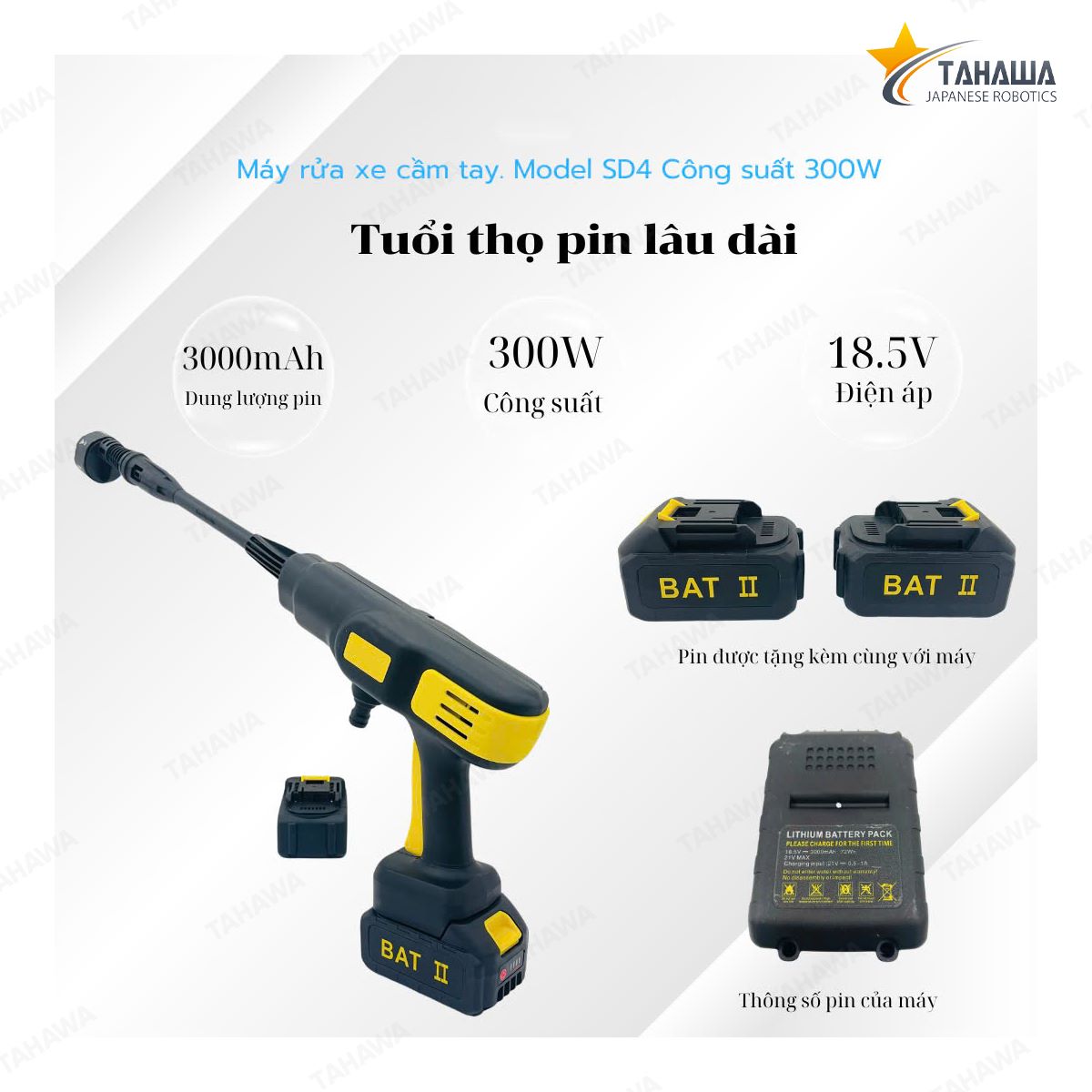 Máy rửa xe dùng pin Tahawa SD4, công suất 300W Máy rửa xe dùng pin Tahawa SD4, công suất 300W