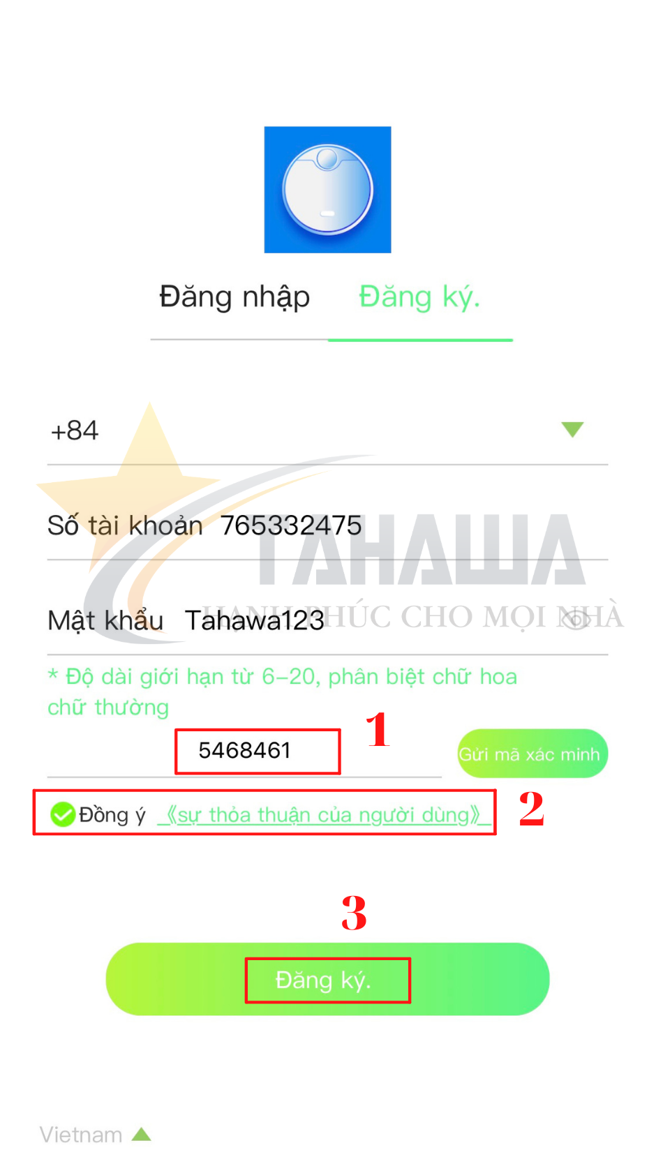 Nhập mã xác minh và đăng ký tài khoản điều khiển robot hút bụi Tahawa Nhật Bản TH-06Plus Nhập mã xác minh và đăng ký tài khoản điều khiển robot hút bụi Tahawa Nhật Bản TH-06Plus