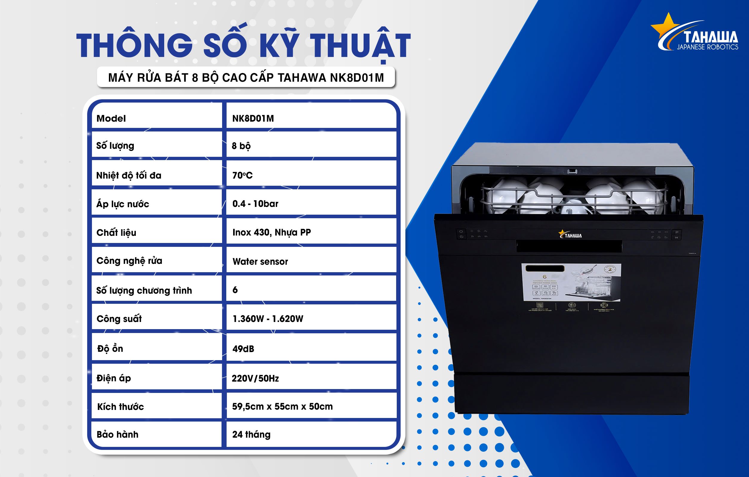 thông số kỹ thuật Máy rửa bát 8 bộ cao cấp Tahawa NK8D01M thông số kỹ thuật Máy rửa bát 8 bộ cao cấp Tahawa NK8D01M