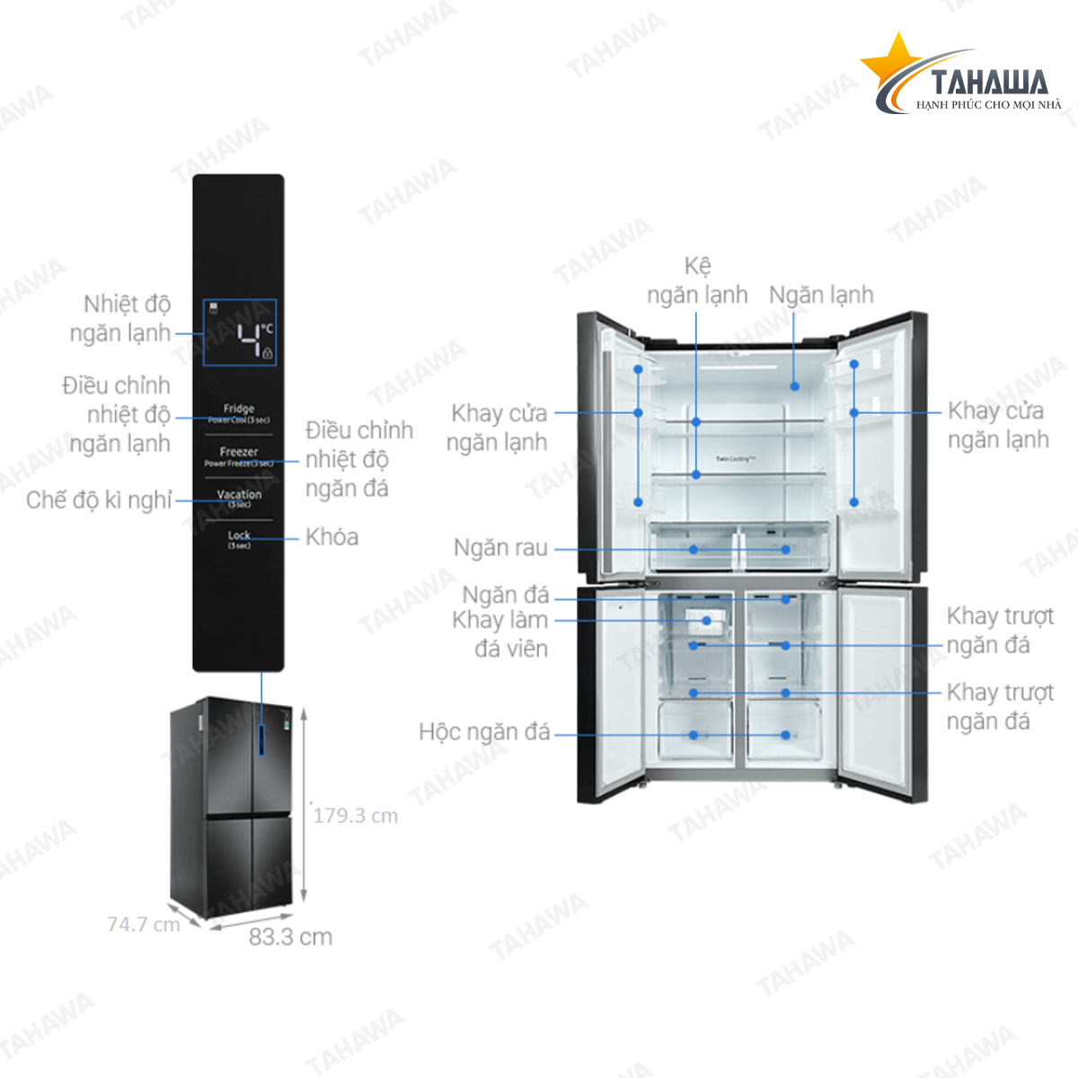 Tủ lạnh 4 cánh Tahawa Inverter 488 lít TH-RF48A4000B4/SV Tủ lạnh 4 cánh Tahawa Inverter 488 lít TH-RF48A4000B4/SV