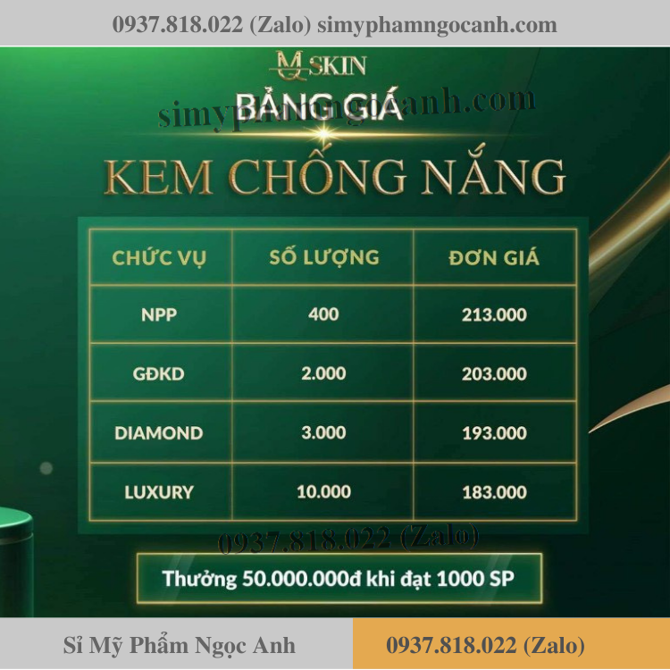 Bảng giá sỉ kem chống nắng mq skin Bảng giá sỉ kem chống nắng mq skin