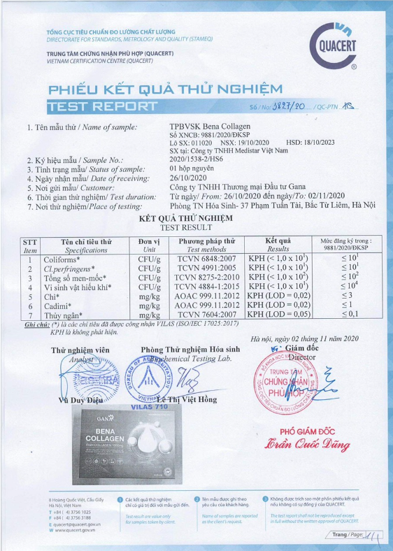 Kết quả thử nghiệm bena collagen Kết quả thử nghiệm bena collagen