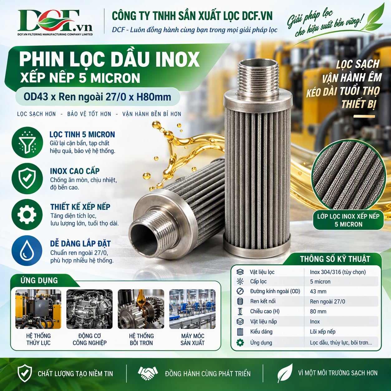 cấu tạo Phin lọc dầu inox xếp nếp 5 micron OD43 x Ren ngoài 27/0 xH80mm nắp inox