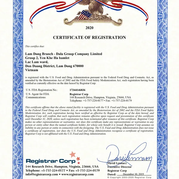 DALAHOUSE IS CERTIFIED BY U.S. FDA (FOOD AND ADMINISTRATION)