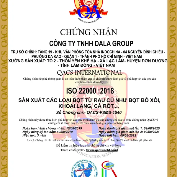 DALAHOUSE ĐẠT CHỨNG NHẬN ISO 22000:2018