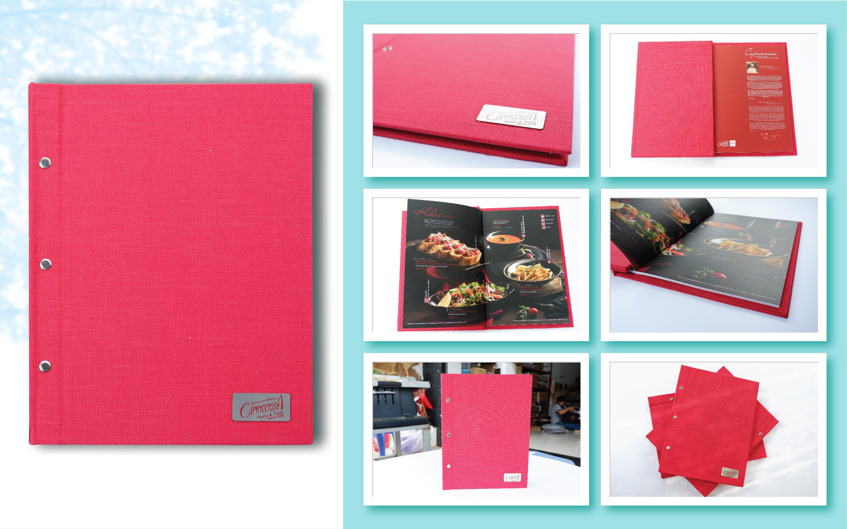 menu bìa vải nhà hàng Capricciosa - Nắng Phương Nam sản xuất menu bìa vải nhà hàng Capricciosa - Nắng Phương Nam sản xuất