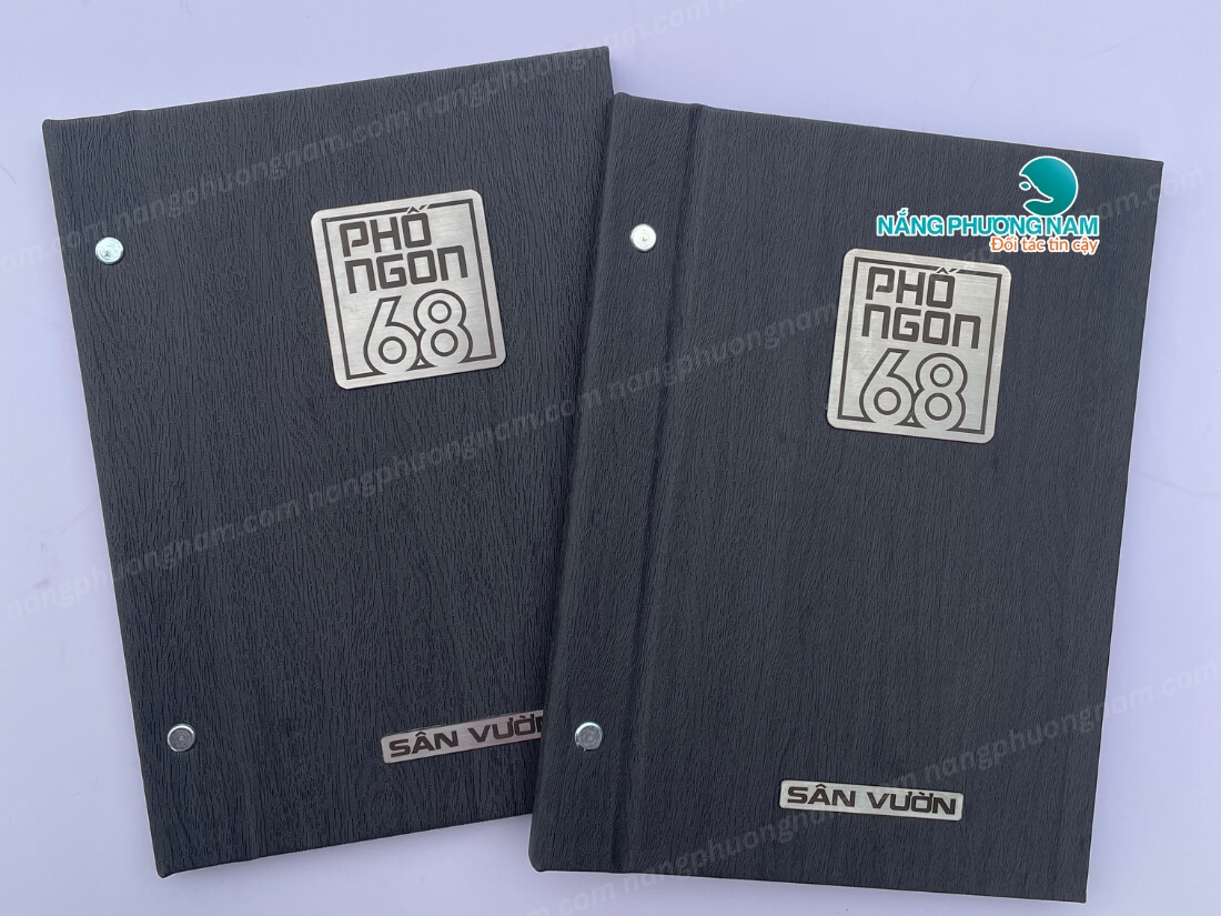 Menu bìa da logo inox khắc laser