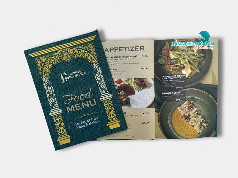 Menu bìa vải thêu kết hợp inox CNC