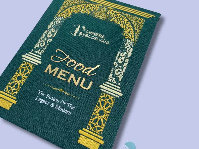 Bìa menu vải logo thêu Lumiere Byblos Villa