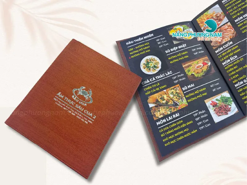 In menu bìa da, thực đơn da - Nhà hàng ẩm thực Sáu Cua