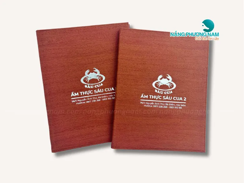In menu bìa da, thực đơn da - Nhà hàng ẩm thực Sáu Cua