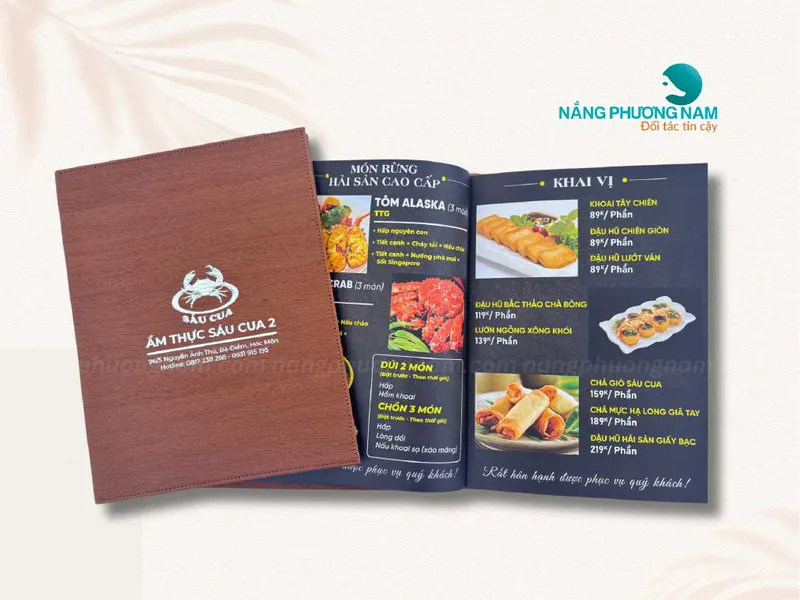In menu bìa da, thực đơn da - Nhà hàng ẩm thực Sáu Cua