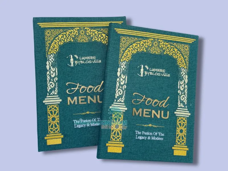 Bìa menu vải logo thêu Lumiere Byblos Villa