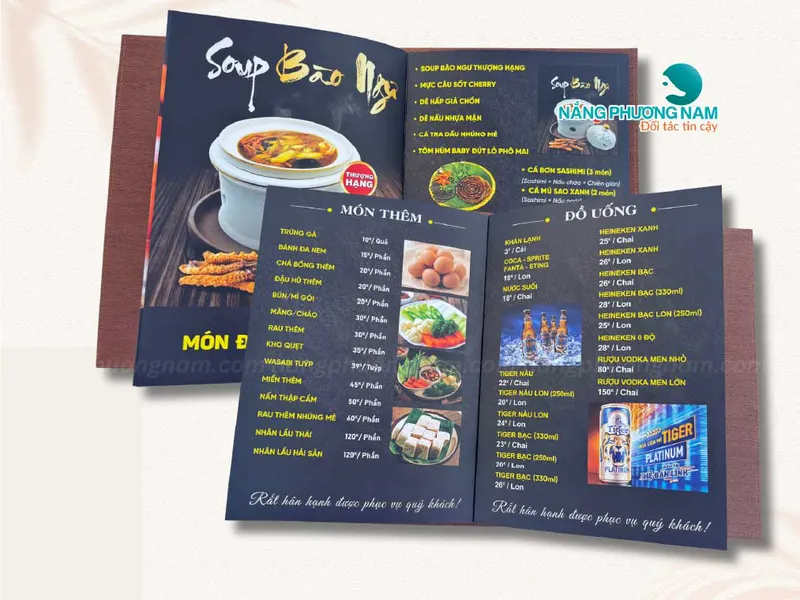 In menu bìa da, thực đơn da - Nhà hàng ẩm thực Sáu Cua